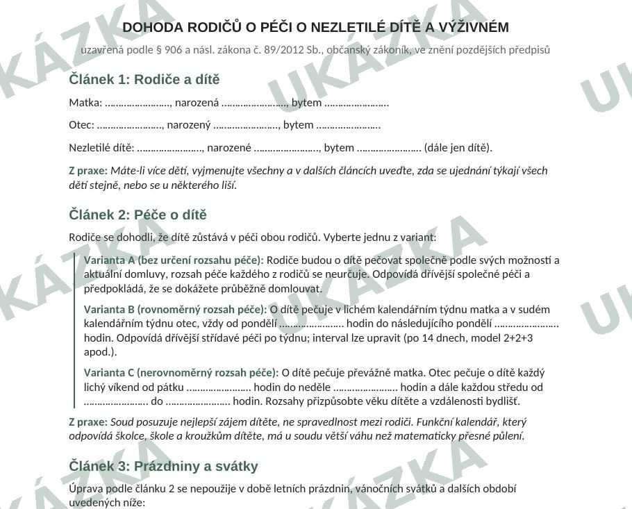 Ukázka stránky vzoru rodičovské dohody s vysvětlivkami